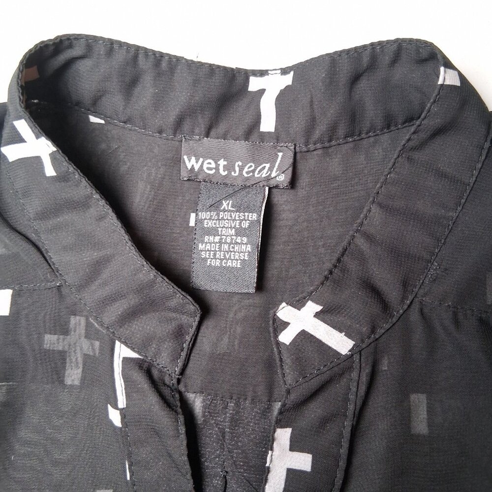 Wet Seal Holy Cross Blouse XL Black Sheer Roll Tab Sleeve Emo Goth Religious - Picture 8 of 14